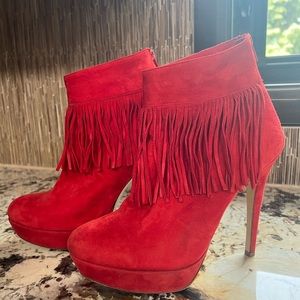 Charles David Red Suede Fringe Heeled Booties Women's size 8 1/2